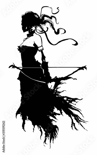 A terrible Ghost of a woman with a bow, a beautiful body and a skull, hovers in the air , a black ragged dress fluttering in the wind along with her hair. 2D illustration
