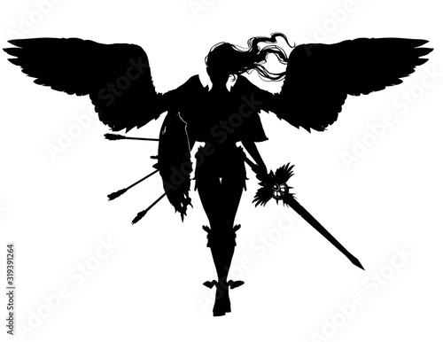 The black silhouette of an angel girl with large wings, long hair, a legendary sword and a shield with arrows, gracefully comes forward to the viewer. On a white background . 2D illustration