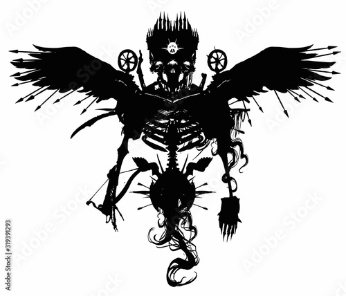 An ominous three-eyed demon skeleton, with a crossbow and spikes all over the body, with spears protruding from feathers, in a crown, soars on black wings. 2d illustration
