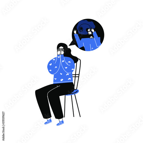 Despaired woman hug shes knee. Isolated character. Family problems, pressure at work. Psychological abuse. Flat lineart style vector illustration.