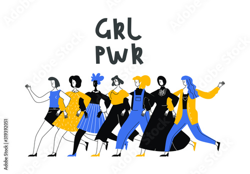 Female characters - girl power and feminism concept - diverse women standing together and defending their rights.Vector illustration in trendy flat linear minimal style 