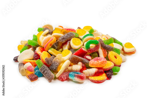 Assorted gummy candies. Top view. Jelly sweets.