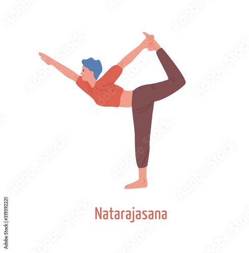 Cartoon woman practicing yoga exercise Lord of dance isolated on white background. Yogini girl showing natarajasana pose King of dancers vector flat illustration. Female character with flexible body