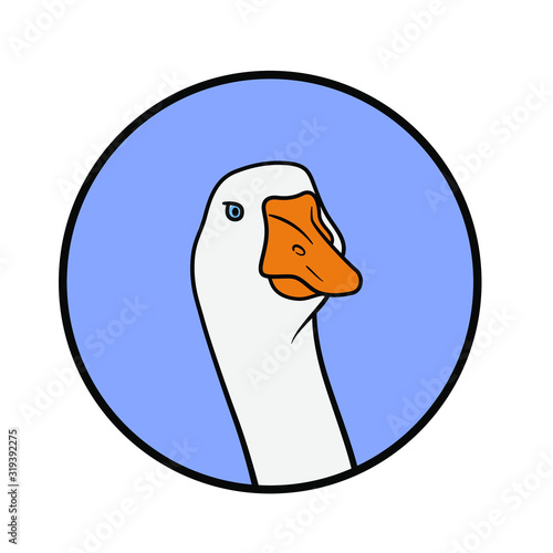 Goose head looking forwards in a blue colored circle. Animal illustration for kids book and biology lesson. Logotype for farm business. Vector image