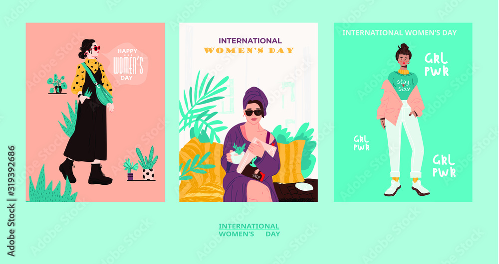 International Women's Day. Female characters - girl power and feminism concept - diverse women standing together and defending their rights. Vector templates for card, poster, flyer and other users.