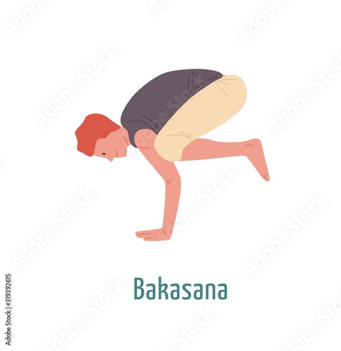 Cartoon man demonstrating bakasana position vector flat illustration. Smiling male yogi practicing crane pose isolated on white. Flexible guy showing workout physical exercise photo