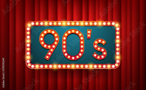 90's. text with electric bulbs frame on red background. Vector illustration