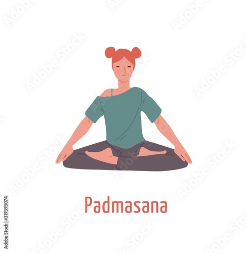 Relaxed girl with closed eyes sitting in padmasana position vector flat illustration. Meditation yogi woman in Lotus pose isolated on white background. Sports female practicing yoga