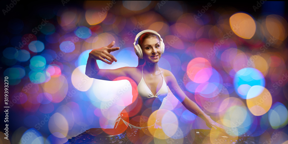 Cute dj woman at console. Mixed media Cute dj woman at console. Mixed media