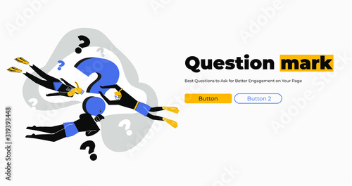 Question mark. Business people asking questions around a huge question mark. Flat Vector illustration for web banner, infographics, mobile website. Landing page template.