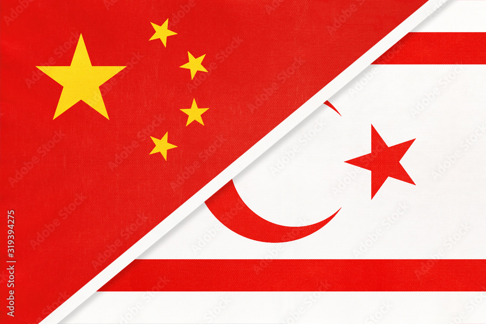 People's Republic of China or PRC vs Northern Cyprus national flag. Relationship between two asian countries. People's Republic of China or PRC vs Northern Cyprus national flag. Relationship between two asian countries.