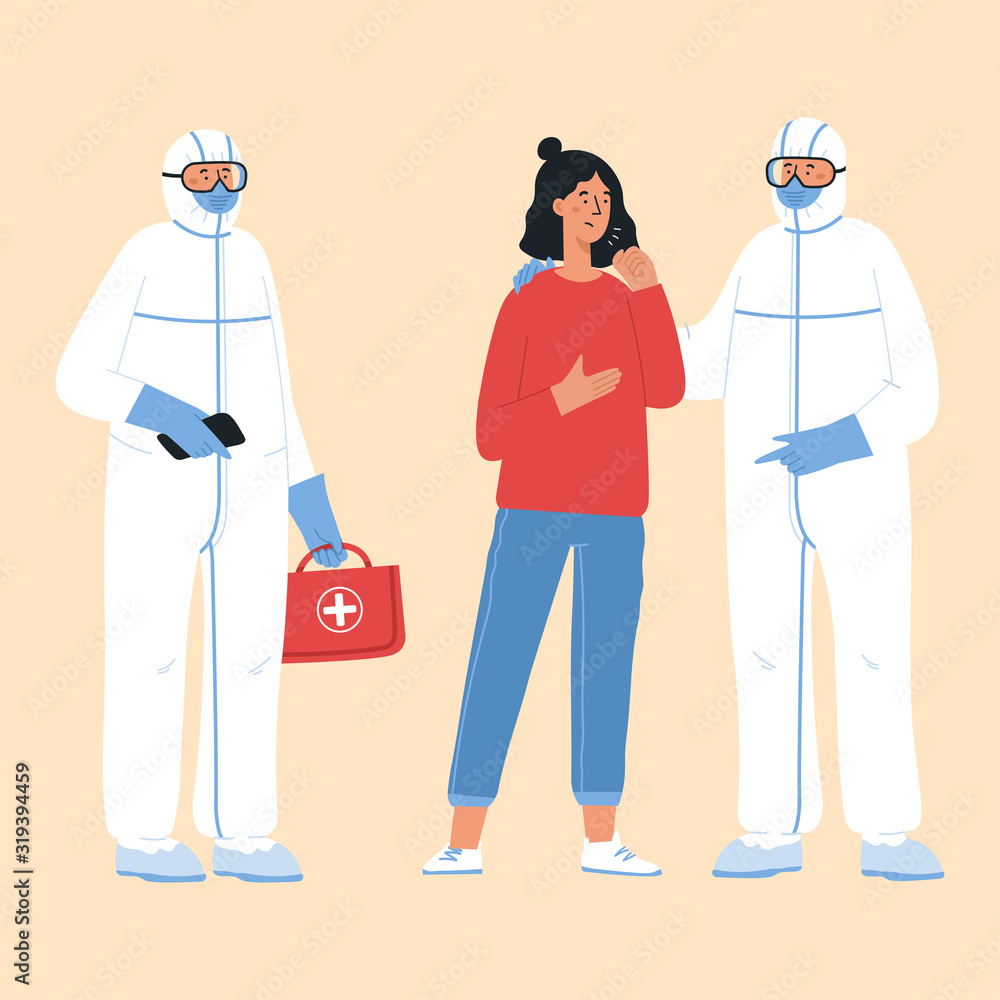 Fototapeta premium Epidemic disease concept. Doctors in protective suit and young woman coughing. China pathogen respiratory coronavirus. 