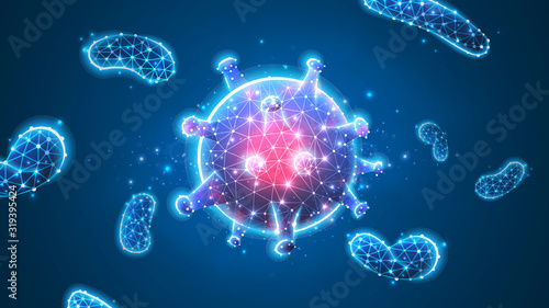 Virus cell. Immunology, new strain epidemic, infection pathogen concept. Abstract polygonal image on blue neon background. Low poly, wireframe, digital 3d vector illustration