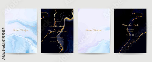 Wedding Invitation, Thank you Card, rsvp, posters, modern card Design Collection. Trendy indigo Marble background, Marbling texture design in navy blue ,green turquoise and golden texture vector 