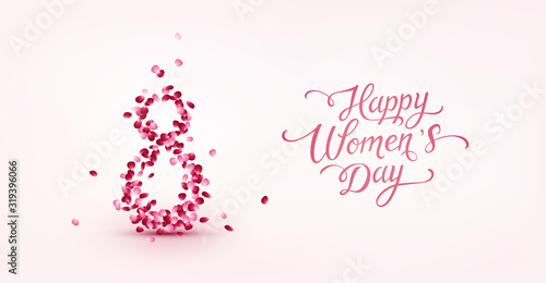 Rose flower petals background. Vector pink floral symbol of 8 March for Happy Women 's Day greeting card design..