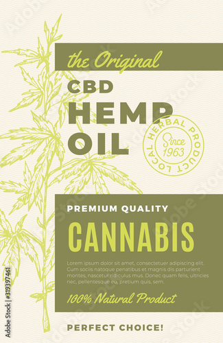 The Original CBD Hemp Oil Abstract Vector Design Label. Modern Typography and Hand Drawn Cannabis Plant Branch with Leaves Sketch Silhouette Background Layout.