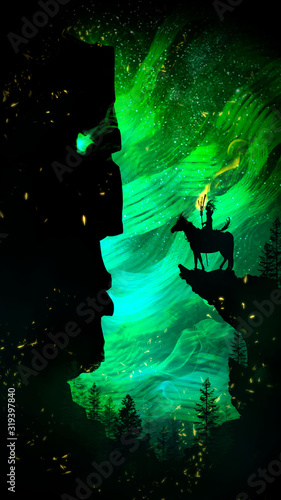 A huge statue of a deity with glowing green eyes, against the background of a beautiful green sky, a shaman came up to him on a horse with a torch. 2D illustration
