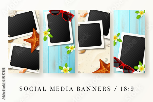 Set of social media banners. Vector illustration social medai posts with blank photo frames on beach sand and wooden texture. Summer cards with seashells and tropical flowers. Mockup templates. photo