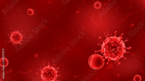 Banner concept with red viruses. Vector illustration with 3d microscopic bacteria and viruses. Coronavirus microbe cells in infected blood.