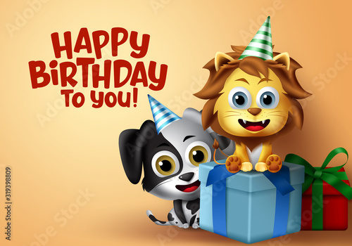 Birthday party vector kids animal characters. Happy birthday greeting text with lion and dog animal characters sitting in gifts with party hat elements and party presents in yellow background.