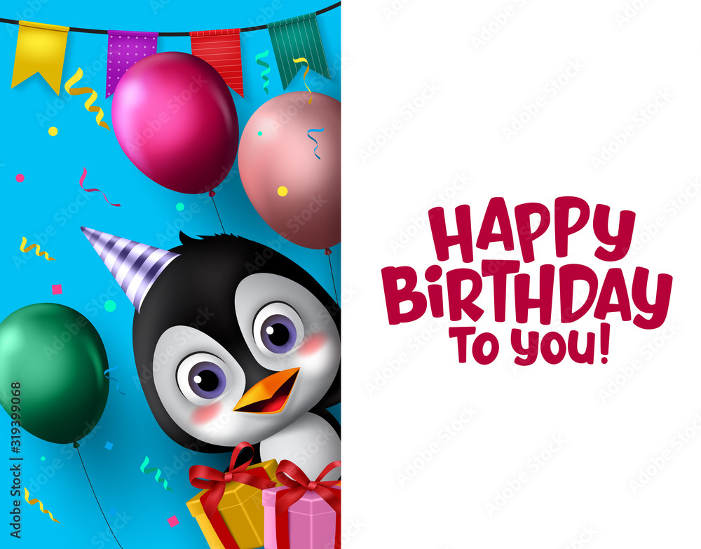 Happy birthday greeting card vector penguin character. Happy birthday
