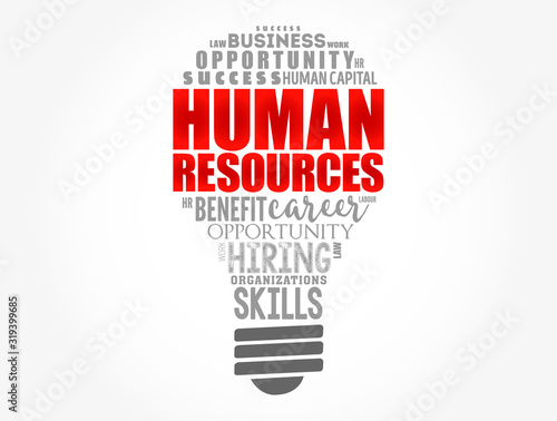 HR - Human Resources light bulb word cloud collage, business concept background