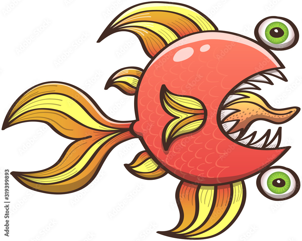 Weird goldfish with fantail and odd green eyes placed on top and bottom