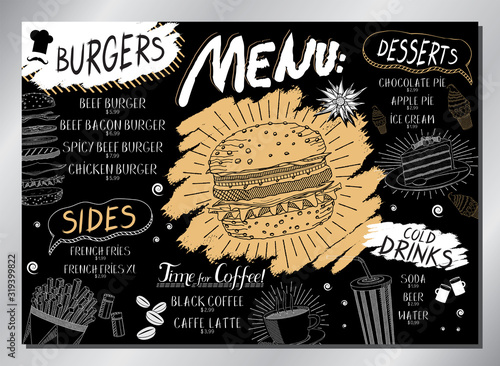 Vintage burger table menu (burgers, french fries, desserts, drinks) - A3 size (420x297 mm)