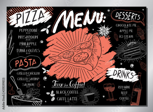 Vintage pizza table menu (pizza, pasta, desserts, drinks) - A3 size (420x297 mm) photo