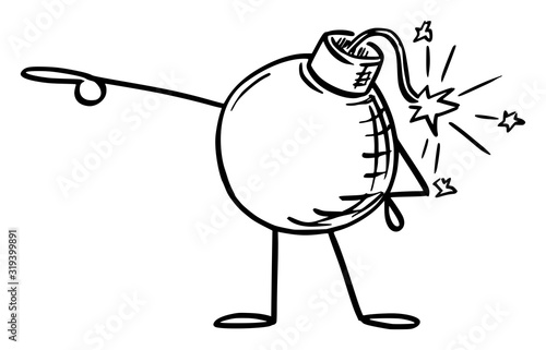 Vector illustration of cartoon retro bomb character showing or pointing at something by hand. Discount or sale advertisement or marketing design.