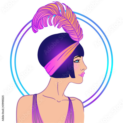 Flapper girl. Art deco, 1920s style, vintage invitation template design for drink list, bar menu, glamour event, wedding, jazz party flyer. Vector illustration in neon colors.