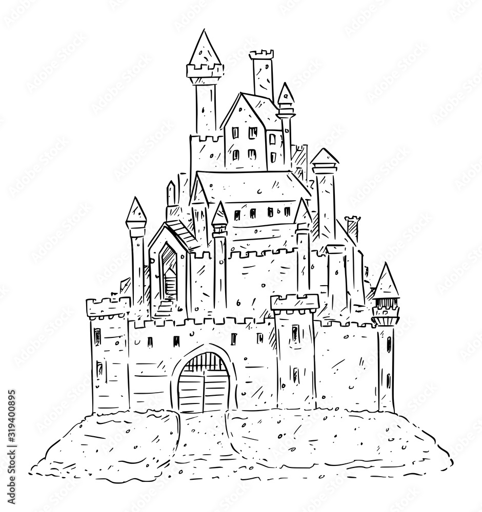 Vector cartoon drawing or illustration of sand castle on the beach.