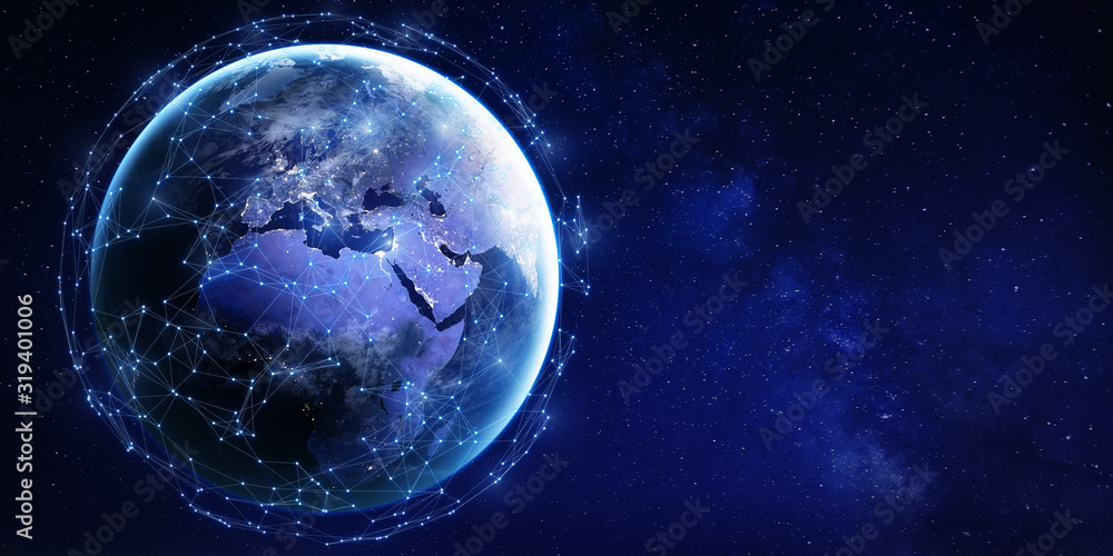 Global data communication network around planet Earth viewed from space with connected grid technology for Internet of Things (IoT), cryptocurrency blockchain, mobile web or cyberspace, map from NASA