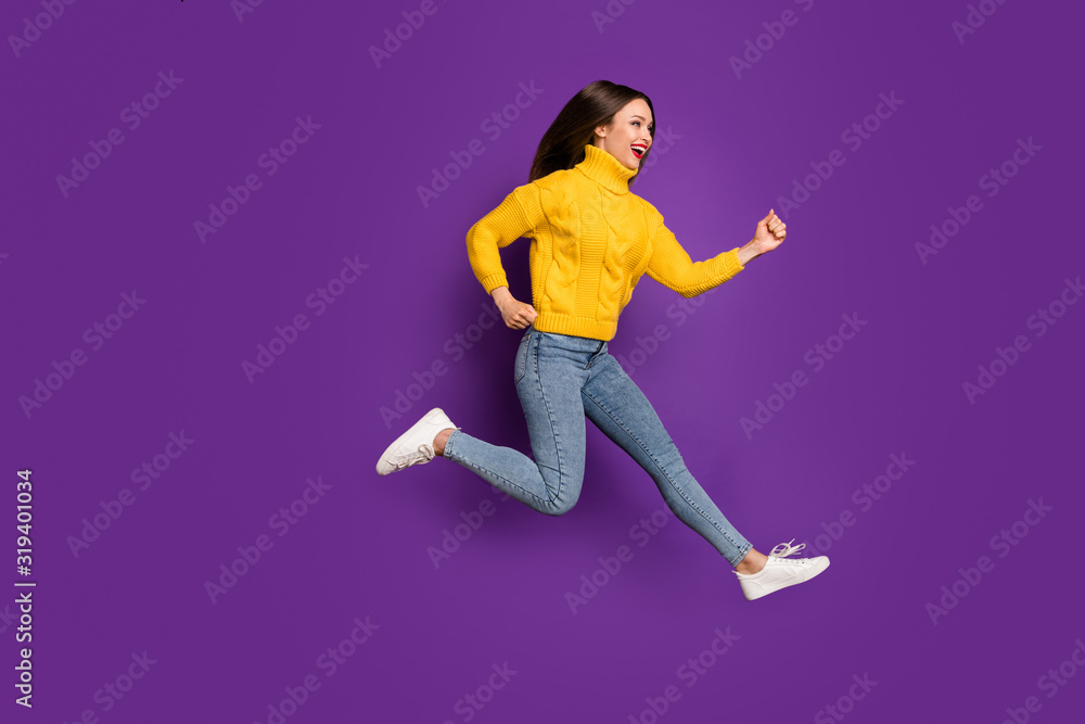 Full length body size side profile photo of cheerful positive running woman in white footwear aspiring for sales isolated vivid purple color background