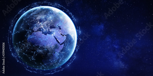 Obraz na płótnie Global data communication network around planet Earth viewed from space with connected grid technology for Internet of Things (IoT), cryptocurrency blockchain, mobile web or cyberspace, map from NASA w salonie