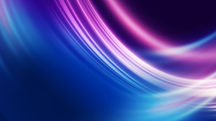 Dark blue abstract background with ultraviolet neon glow, blurry light lines, waves