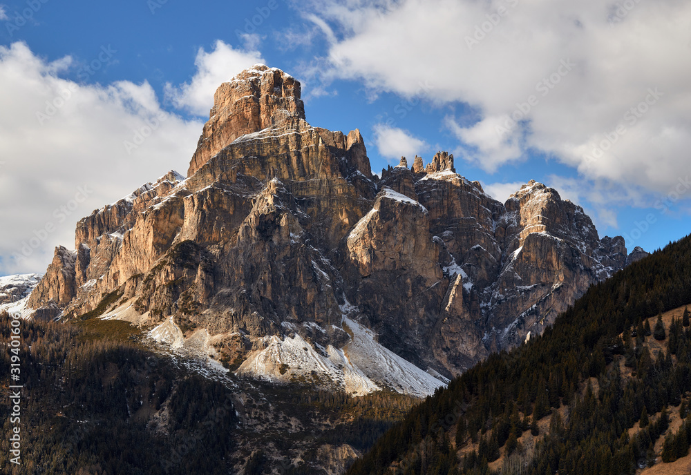 The wonderfully lit peak of the Sass Songher in the Dolomites.