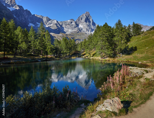 View of Mount Matterhorn from Italy from the shores of Blue Lake.