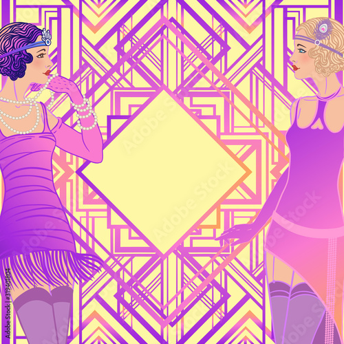 Flapper girl. Art deco, 1920s style, vintage invitation template design for drink list, bar menu, glamour event, wedding, jazz party flyer. Vector illustration in neon colors.