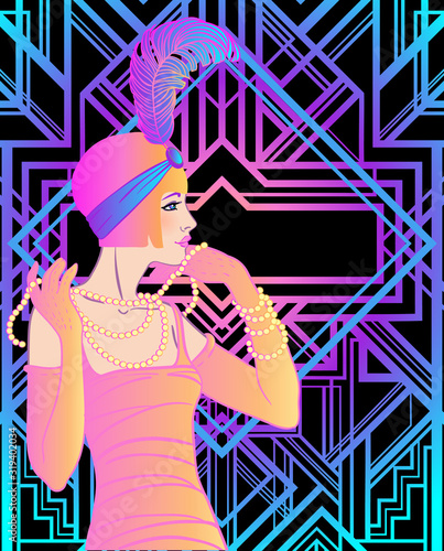 Flapper girl. Art deco, 1920s style, vintage invitation template design for drink list, bar menu, glamour event, wedding, jazz party flyer. Vector illustration in neon colors.