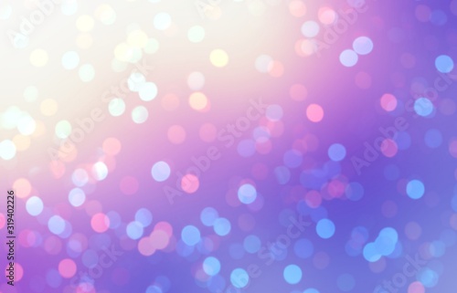 Golden shine and bokeh pattern on lilac iridescent background. Empty glittery backdrop. Sparkler festive illustration.