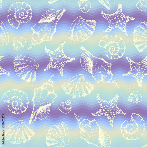 Blue waves pattern and hand draw in marine style.