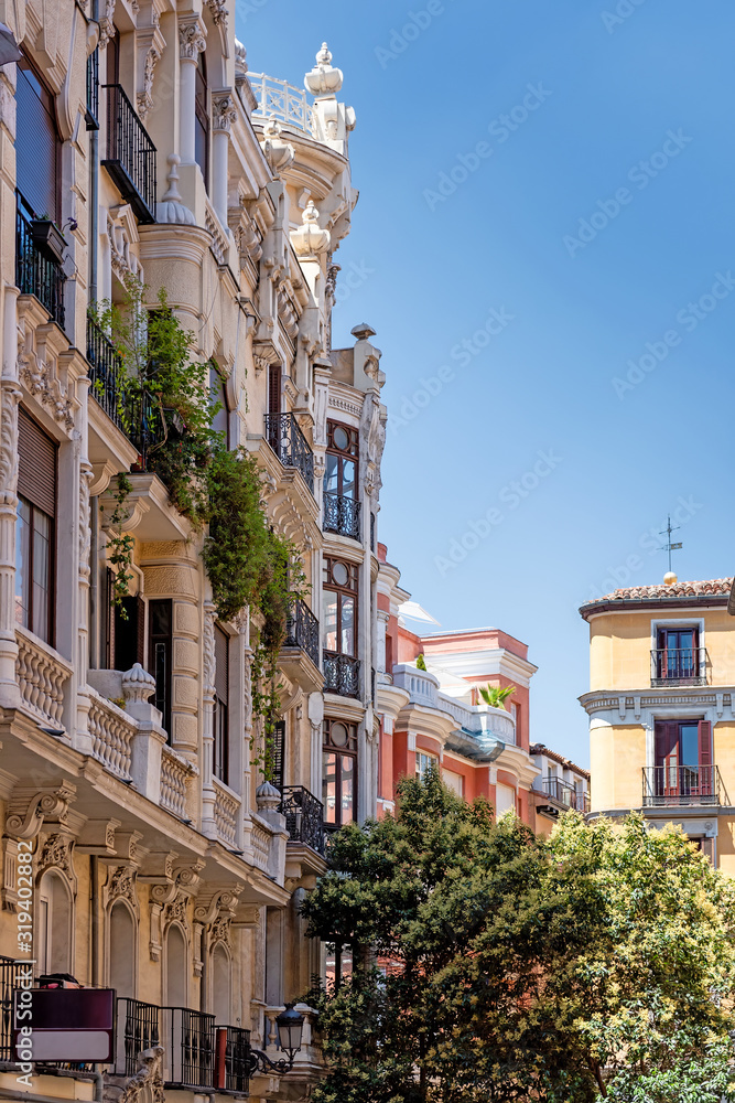 Spanish architecture on Madrid street. Madrid building facade. Madrid classical architecture