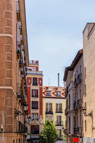 Spanish architecture on Madrid street. Madrid building facade.