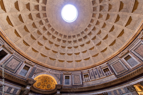 pantheon in rome  hole in the ceiling of the dome of the monument of ancient rome. tourism in rome in italy