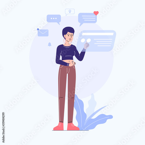 Social media. Girl standing and interacting with holographic screen. Touching buttons. Using it for social networking and chatting with people. Illustration of a young woman with social elements.