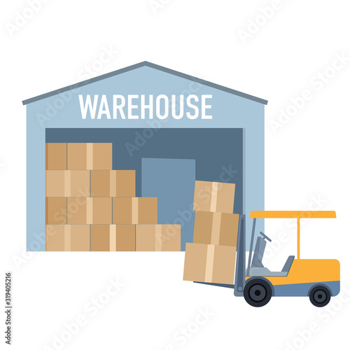 Vector logistics_Warehouse with arrived parcels; electric forklift carries boxes