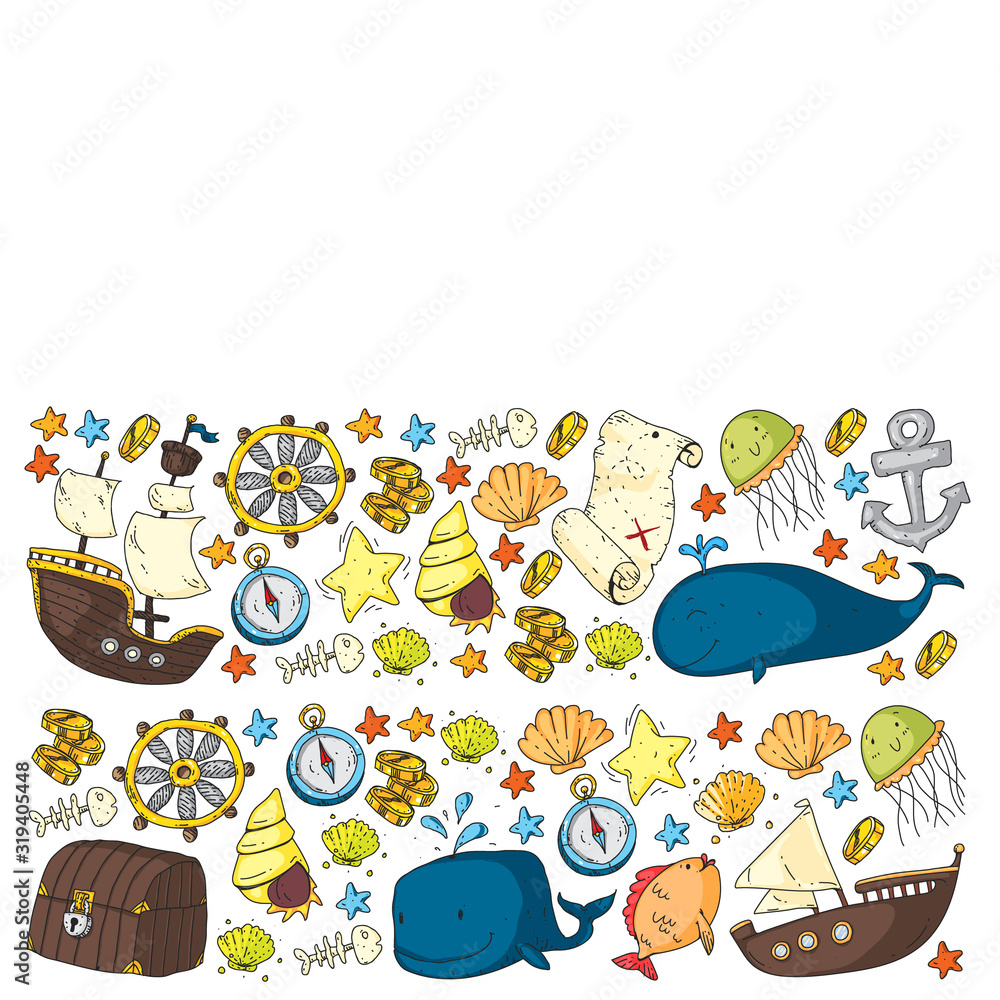 Naklejka premium Vector set with underwater diving icons and pirate elements. Treasure chest, ship, octopus, diver. Little boys and kingergarten preschool girls summer vacation and adnventure