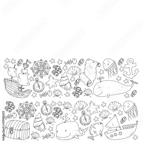 Vector set with underwater diving icons and pirate elements. Treasure chest, ship, octopus, diver. Little boys and kingergarten preschool girls summer vacation and adnventure