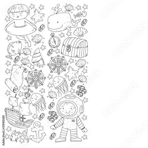 Vector set with underwater diving icons and pirate elements. Treasure chest, ship, octopus, diver. Little boys and kingergarten preschool girls summer vacation and adnventure
